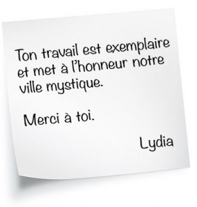 Ton travail est exemplaire et met à l’honneur notre ville mystique. Merci à toi. Lydia